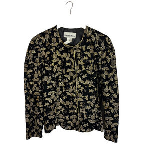 Vtg. 90s 80s Another Thyme Blazer Sz L Velvet Black Gold Floral Embroidered